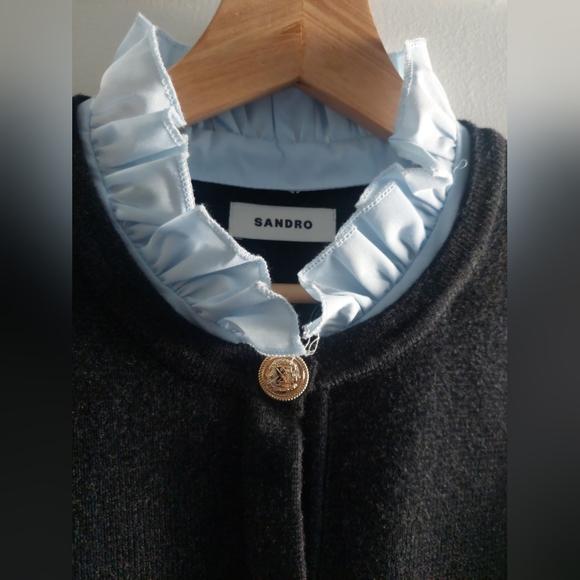 SANDRO Paris Knit Cardigan Embroidered Pocket CHARCOAL GRAY Nwot Wool - Picture 2 of 13